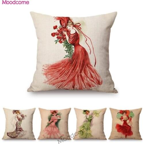 Fashion Europe Victorian Era Beauty Royal Girl Hand Drawm Sofa Throw Pillow Case Cotton Linen Elegant Chair Seat Cushion Cover