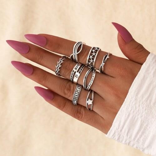 Pack of 8 Personality Creative Knuckle Ring Bohemian Retro Embossed Wavy Star Ring Set Women Wedding Anniversary Gift