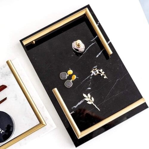 Natural Marble Vanity Tray Cosmetics Perfume Storage Tray with Golden Handle