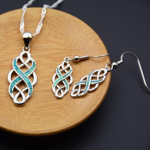 Irish Celtic Infinity Knot Green / Blue Fire Opal Necklace & Earring Jewelry Sets