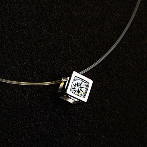 8mm Hollow Square Shiny Zirconia Pendants Silver Plated Fishing Line Charm Necklaces Fashion Party Jewelry Gift For Women Girls