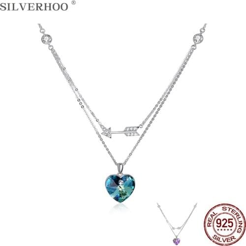 SILVERHOO 925 Sterling Silver Heart Pendant Necklaces For Women Double Chain With Colorful Austria Crystal Anniversary Gift 2021