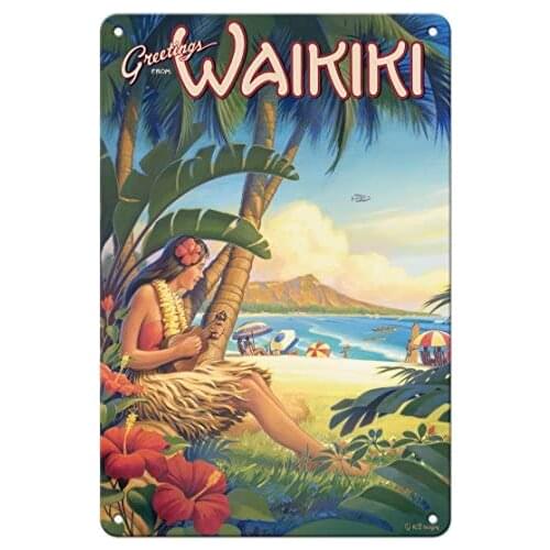 Greetings from Waikiki, Hawaii - Ukulele Hula Girl - Diamond Head Crater - Hawaiian by Kerne Erickson Metal Tin Sign