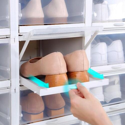Flip-Open Cover Transparent Stackable Shoes Drawer Case Storage Box Organizer