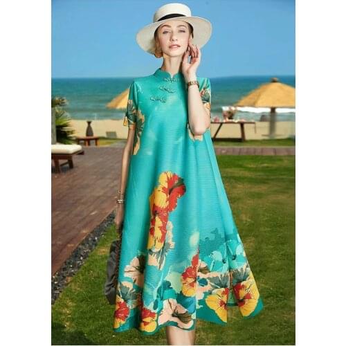 HOT SELLING Miyake fold chinese style print stand collar short sleeve Beaded straight dress IN STOCK