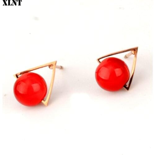 XLNT New Earrings Fashion Simple Stud Earrings Personality Trend Red Stone Triangle Earrings Wholesale Jewelry Womens Earrings