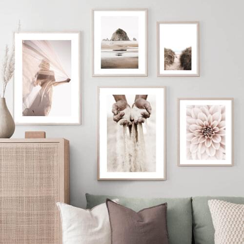 Sunset Girl Pink Dahlia Grains Of Sand Autumn Path Nordic Poster Wall Art Print Canvas Painting Decor Pictures For Living Room