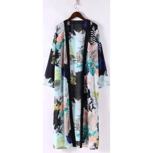 Women Boho Floral Printed Long Blouse Loose Shawl Kimono Cardigan Boho Beach Cover up Shirt Outwear blusa mujer feminino
