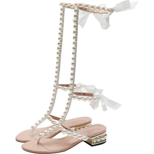 Knee High Sandals Lace Up Gladiators Roman Pearls Shoes Bowtie BowKnot Retro Womens Leather Hollow Out Summer Low Heel Black