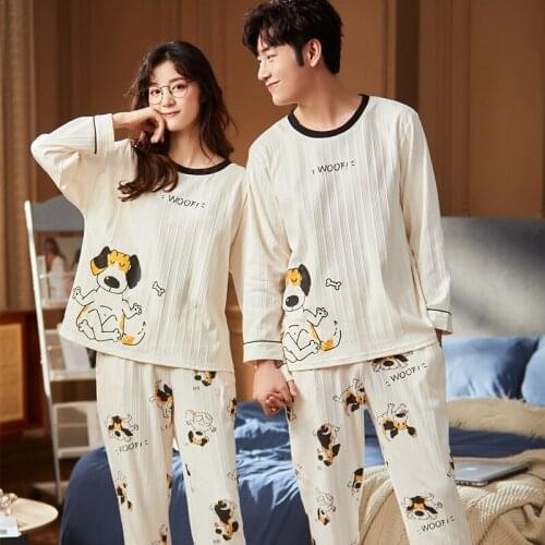 Winter Couple Pajamas Long Sleeve Thick Warm O-neck Cotton Homewear Plus Size Men Sleepwear Cute Puppy Cartoon Women Pajamas Set