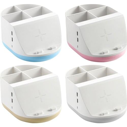 3-in-1 USB Desk Makeup Storage Container Holder Countertop Phone Charging 4-Compartment Sundries Organizer Cosmetic Rack