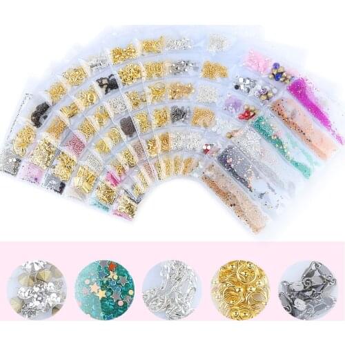 6 Grids/Pack 3D Alloy Nail Beads Chains Buckle Chains Metal Nail Copper Chains Nail Art Rhinestone Decorations Manicure Tips