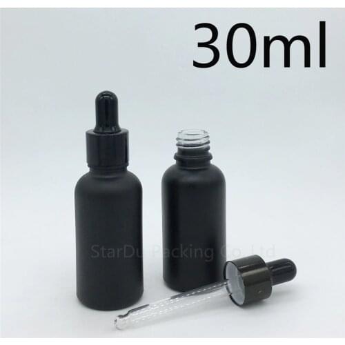 Free shipping 500pcs 30ml black frosted glass essential oil bottle with shiny black ring dropper 30cc glass perfume bottle