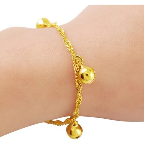 24K Gold Bracelet 2MM Water Wave Hanging Heart-shaped Pendant Gold Plated Fashion Bracelet for Woman Jewelry Gift