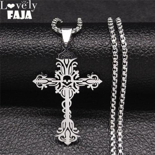 Gothic Skull Flower Cross Stainless Steel Chain Necklaces Women/Men Cross Necklace Jewelry chaine acier inoxydable N7041S03