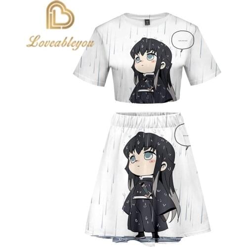 Demon Slayer T-shirt and Skirt Suits Kimetsu No Yaiba Woman Navel Outfit Costume Kamado Nezuko Skirts Girls Women