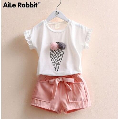 Summer Girls Clothes Set Cartoon Ice Cream Short Sleeve T-shirt Shorts 2 Piece Set Fashion Kids Clothes Set