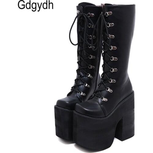 Gdgydh Large Size 43 Thick Platform Extreme High Heels 17cm Cool Motorcycles Boots Punk Style Shoelaces Knee High Boots Winter