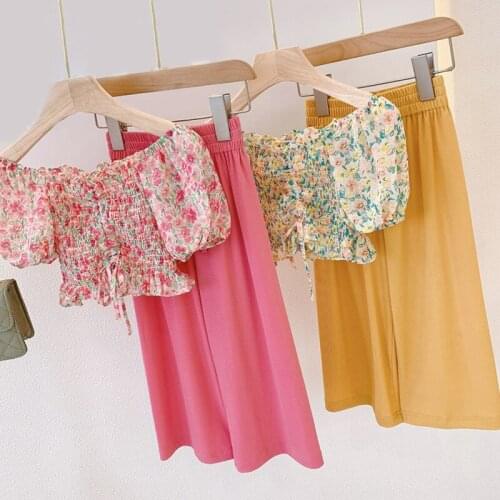 2021 New Summer Suit Floral Blouse+Wide-Leg Pants 2Pcs Kids Clothes Girls Clothing Sets Childrens Clothing