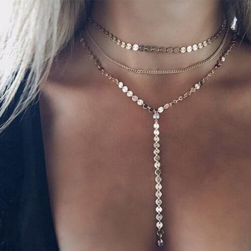 Fashion Copper Sequin Choker Necklaces for Women Zircon Tassel Pendant Single Layer Multi Layer Chain Necklace Jewelry Collar