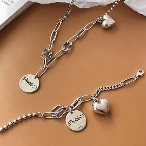 Love Heart Round Disc Smiling Charms Necklace For Women Thai 925 Sterling Silver Sweater Chains Friends Gift