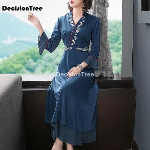 2021 improved chinese cheongsam dress pagoda sleeve women chipao elegant traditional vintage folk style v neck qipao dress