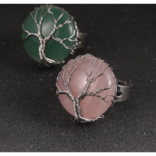 Copper Wire Wrap Natural Stone Adjustable Rings Men Women Round Crystal Amethysts Reiki Healing Tree of Life Joint Ring Jewelry