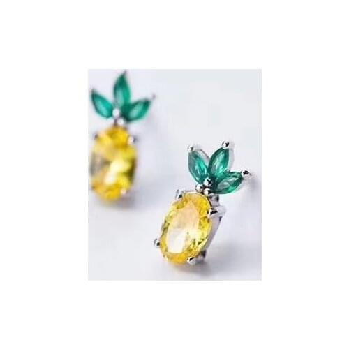 Per jewelry Natural yellow sapphire or ruby or emerald ananas style stud earring 0.35ct*2pc gemstone 925 sterling silver T20419