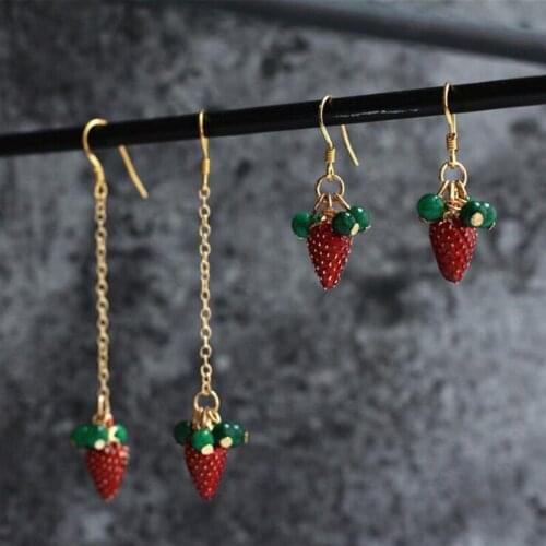 Strawberry Simulated Green Chalcedony Ear Hooks Long Dangle Drop Earrings for Women Gold Color Earring Fashion Jewelry YEA210