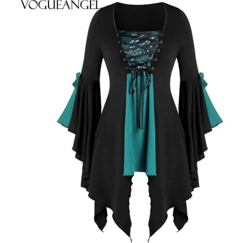 Gothic T Shirt Women Sequined Flare Sleeve Handkerchief T-Shirt Three Quarter Sleeve Autumn Casual Fashion Female Top Tee