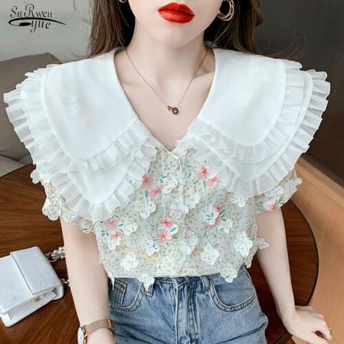 French Sweet Big Lapel Lace Blouse Women Three-dimensional Petal Floral Womens Shirt Summer Puff Sleeve Print Top Female 15386