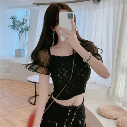 Womens Summer Slash Neck Tee Korean Sweet Ladies Petal Sleeve Sexy Solid Color Hollow Slim Short T-shirt