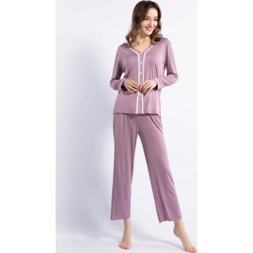 Womens Pajamas Solid Color Buttoned Cardigan Lace Modal Sleepwear Set Casual V Neck Long Sleeve Homewear Soft Leisure Home Suit