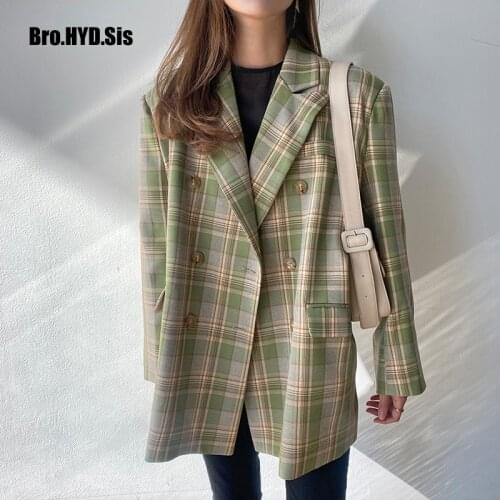 Vintage Style Women Plaid Blazer 2021 Spring Chic Double Breasted Lady Long Sleeve Suits Loose Fit Ladies Jackets