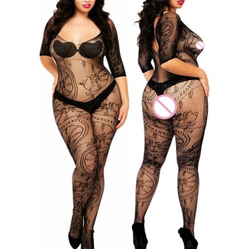 Women Sexy lingerie Soft Net Large Elastic bodystocking Open Crotch transparent Body Suit Slim Nightwear black Teddies