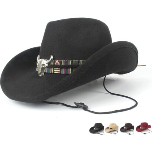 2019 Wool Women Men Hollow Western Cowboy Hat Roll-up Brim Gentleman Outblack Sombrero Hombre Jazz Cap M-L