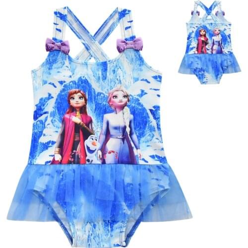 Cute Kids Baby Girls Elsa Anna Print One-piece Swimsuit Frozen Cartoon Children Mesh Ruffle Romper Swimwear Bathing Suit