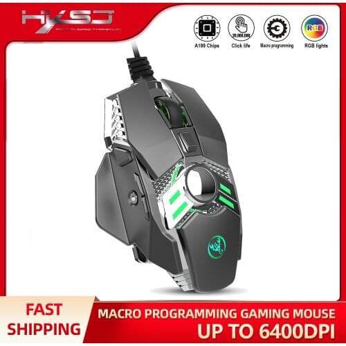 HXSJ J200 Mechanical Optical Mouse 6400 DPI 7 keys Macro Programming Settings Wired Gaming Mouse with RGB Light for gamers