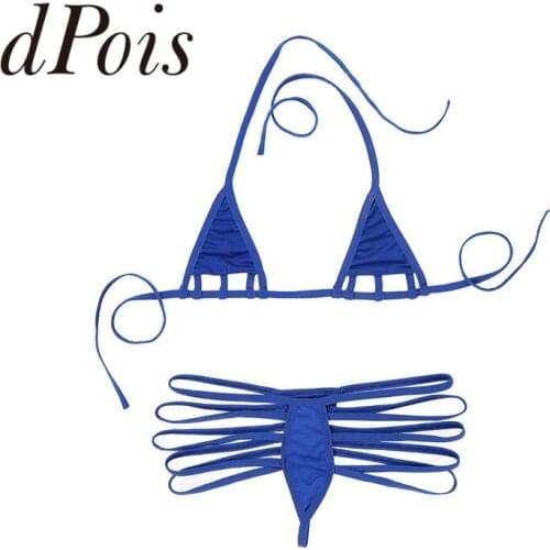 2Pcs Women Exotic Micro Mini Bikini Sexy Lingerie Swimming Set Halter Neck Self-tie Bra Top with Multi-Strap G-String Briefs