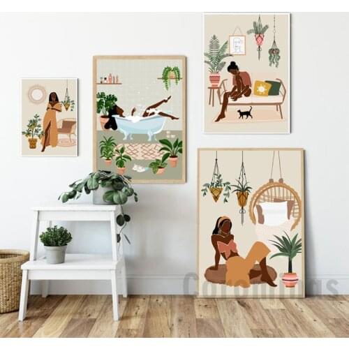 Fashion African American Women Prints Boho Poster Girls Female Portrait Canvas Painting Plant Wall Art Picture Living Room Decor