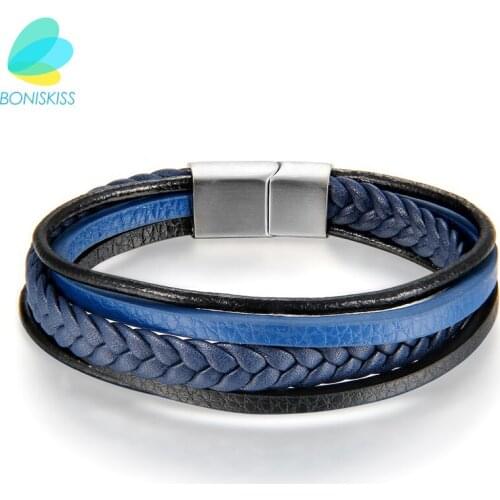 Boniskiss Fashion Simple Knit Bracelet Stainless Steel Blue Multilayer Leather Bracelet For Men -Women Jewelry