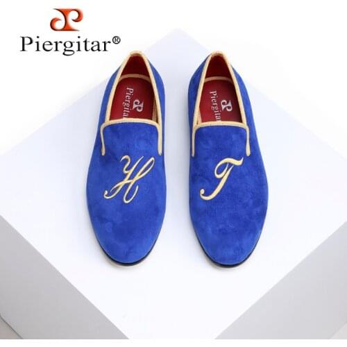 Piergitar 2018 New style fashion men loafers with Personal letters embroidery Handmade gold outsole mens velvet shoes big size