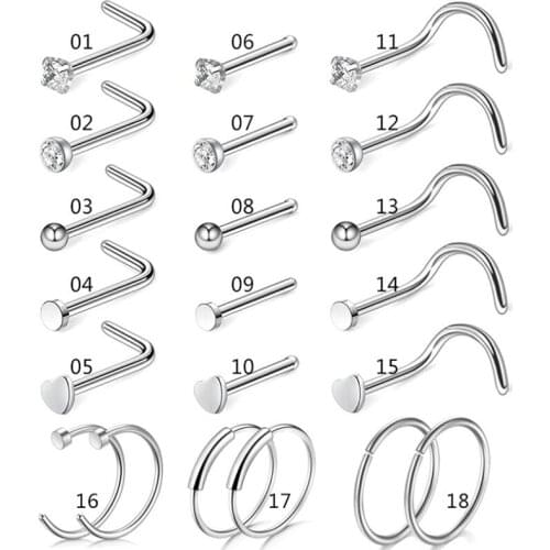 5/9/21Pcs/Set Stainless Steel L Bend Shape Nose Stud Pack 20G Crystal Straight Stud Nose Ring Set Nose Stud Lot Body Piercing