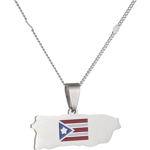 Stainless Steel Puerto Rico Map and Color Flag Pendant Necklaces Gold Color Silver Color PR Puerto Ricans Jewelry Gifts