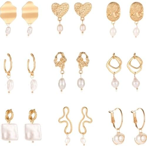 New Fashion Hollow Gold Pearl Earrings Geometric Simple Alloy Hanging Dangle Drop Earrings for Women Aretes De Mujer