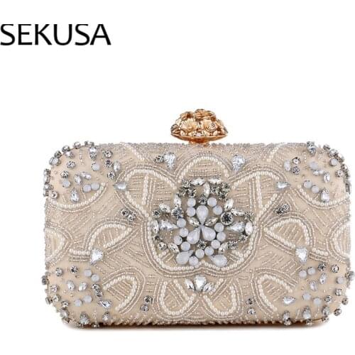 New Women Diamonds Evening Bags Small Wedding Party Dinner Day Clutches Purse One Side Satin Rhinestones Female Box