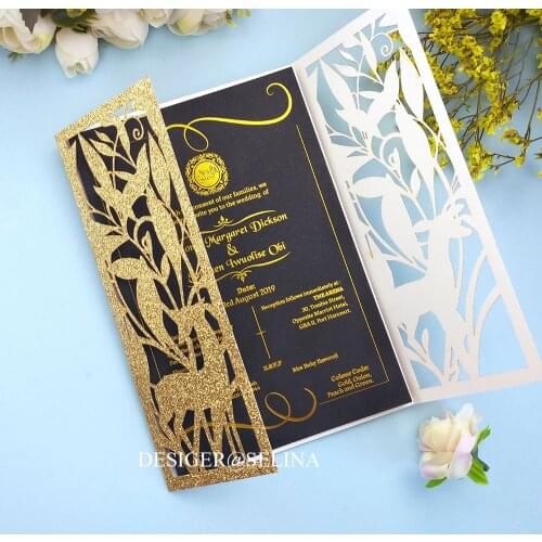 50pc Gold Glitter Quinceanera Invitation Personalized Print Sweet Sixteen Anos Cards DIY Laser Cut Wedding Invites With Envelope