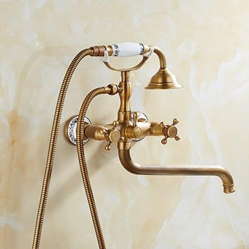 Bathroom Bath Shower Faucets Set Antique Bronze Finished with Hand Shower Bathtub Faucet Bath Water Mixer Crane Tap