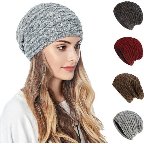 Women Autumn Winter Knitted Beanie Fashion Thick Warm Outdoor Sport Hats Solid Color Plush Knitted Baggy Beanie Hat Slouchy Cap
