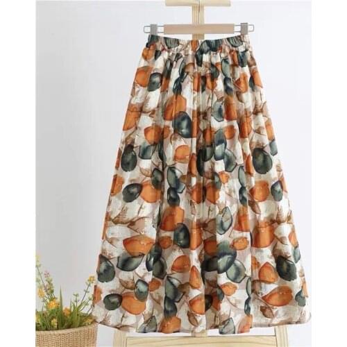 Vintage floral print Cotton linen skirts women 2021 New Summer korean A line Elastic waist Pleated Beach Skirt Womens NZ007